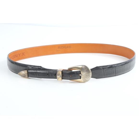 Vintage Onyx Black Croc Embossed Leather Belt Gold Buckle Classic Size 36 - Picture 3 of 13